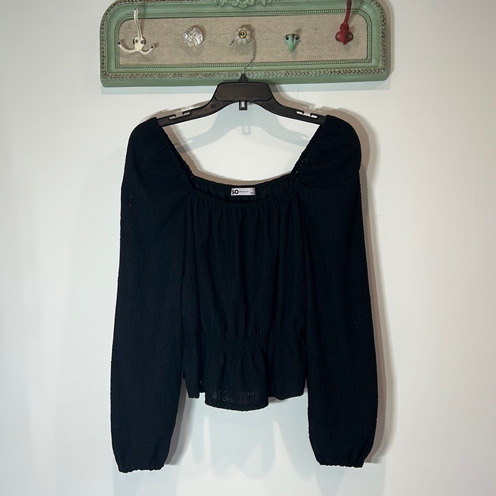 SO good for life black square neck eyelet peasant long sleeve top peplum
